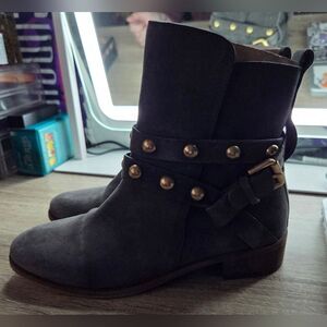 See By Chloe Grey Suede Studded Buckle Ankle Boots